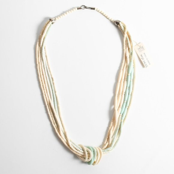 Vintage 1980s Bone Light Aqua Blue Long Necklace | 30" Length - Picture 1 of 9